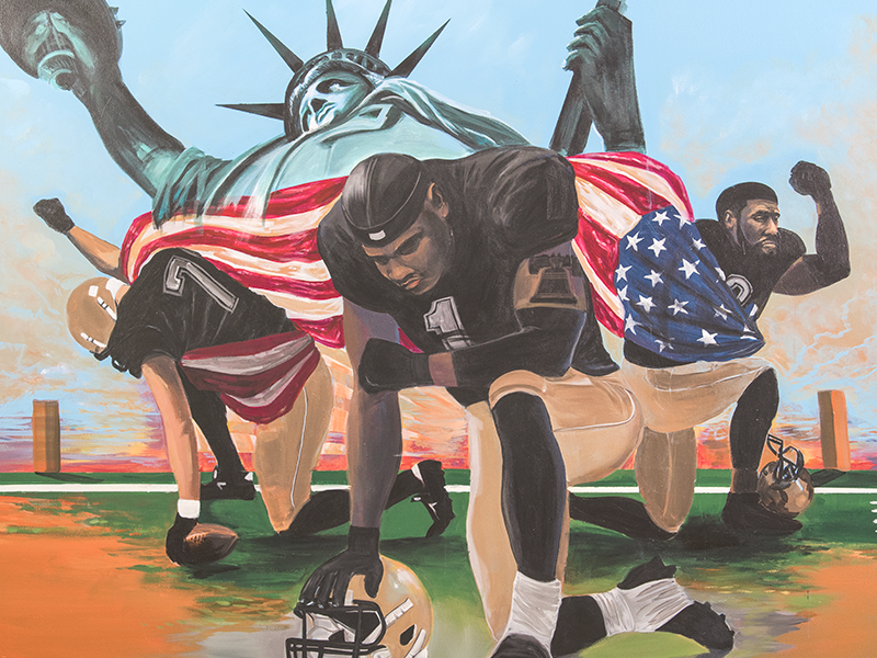 A painting of football players kneeling in front of the statue of liberty.