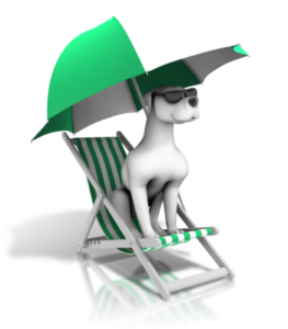 A dog sitting on a beach chair under an umbrella.