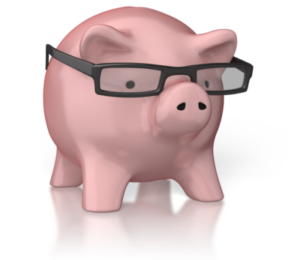 A pink piggy bank wearing glasses.