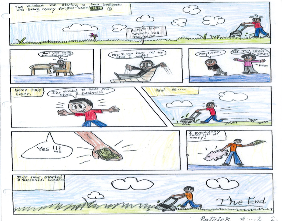 A comic strip with a boy and a girl on a boat.