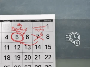 A marked calendar showing the 5th as "My Payday!" and the 6th as "Coworkers' Payday" with red circles and arrows. A clock with a dollar sign icon is on the right, reminding you to check EarlyPay features through mobile banking for faster access to your paycheck.