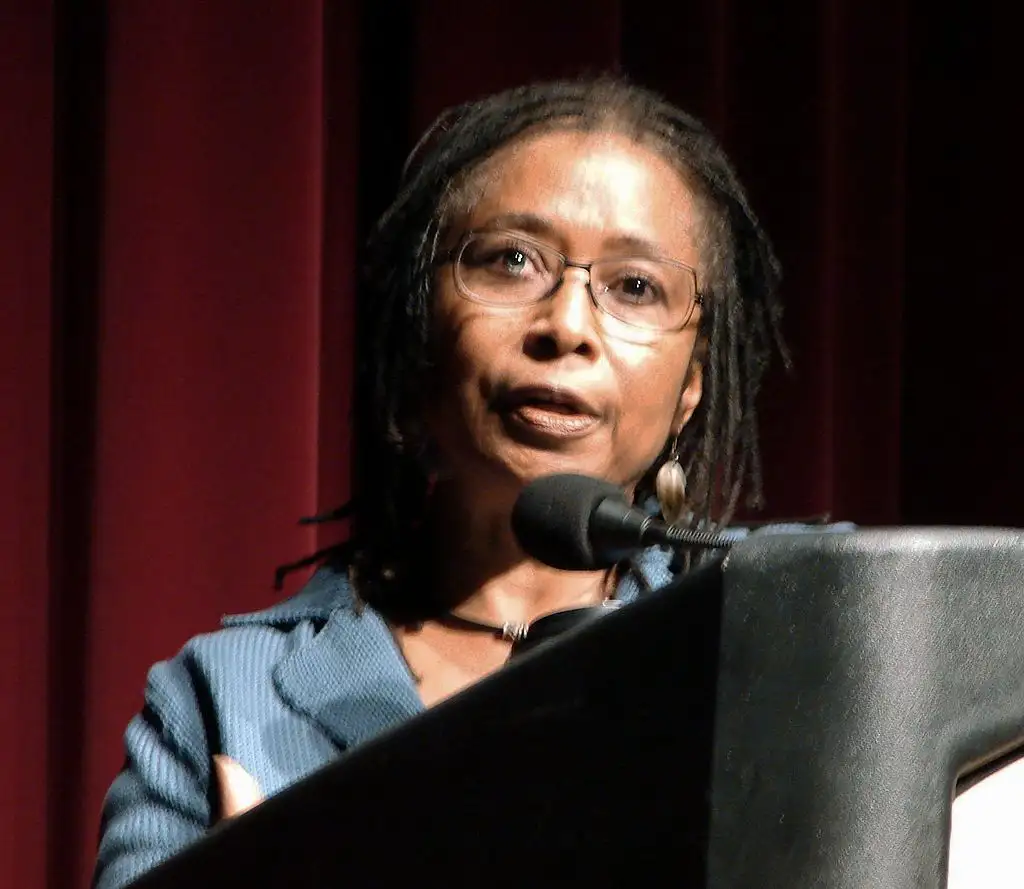 A person with glasses and dreadlocks speaks at a podium in front of a maroon curtain.