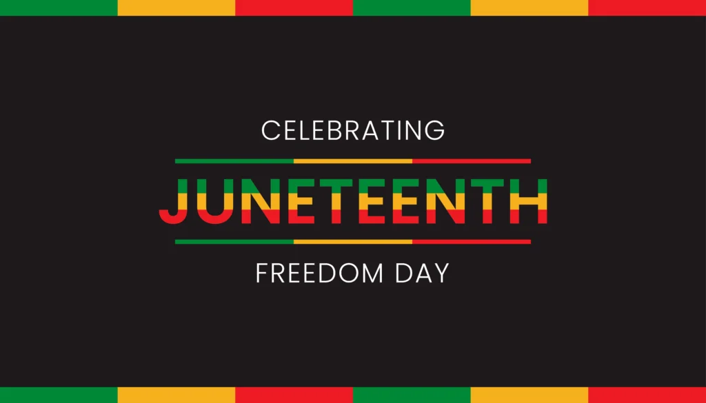 A vibrant graphic with the words "Celebrating Juneteenth Freedom Day" in bold red, green, and yellow text on a black background, surrounded by a striking border of colorful rectangles to honor Juneteenth.