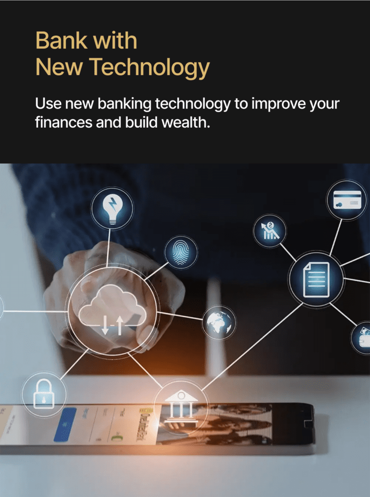 A person interacts with a smartphone that is displaying banking technology icons, including a cloud, lock, and bank symbol, illustrating modern financial management tools.