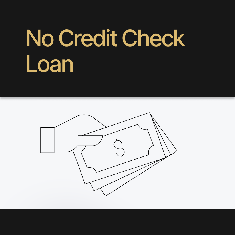 Illustration of a hand holding cash next to the text "No Credit Check Loan" on a black and white background.