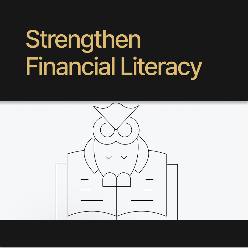 A line drawing of an owl sitting on an open book is underneath the text "Strengthen Financial Literacy" written in yellow on a black background.