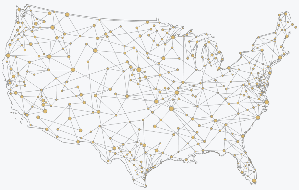 A white map of the United States displays a network of nodes connected by lines, illustrating a pattern of interconnected points across the country.