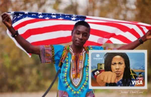 A person holding an American flag behind them, wearing a colorful patterned shirt. Inset image of a OneUnited Bank Visa debit card titled "Justice" featuring artwork of a person raising a fist.