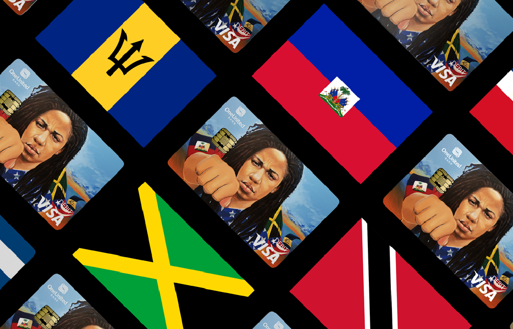 Various Justice Cards with Visa branding featuring Caribbean flags and portraits on a black background.