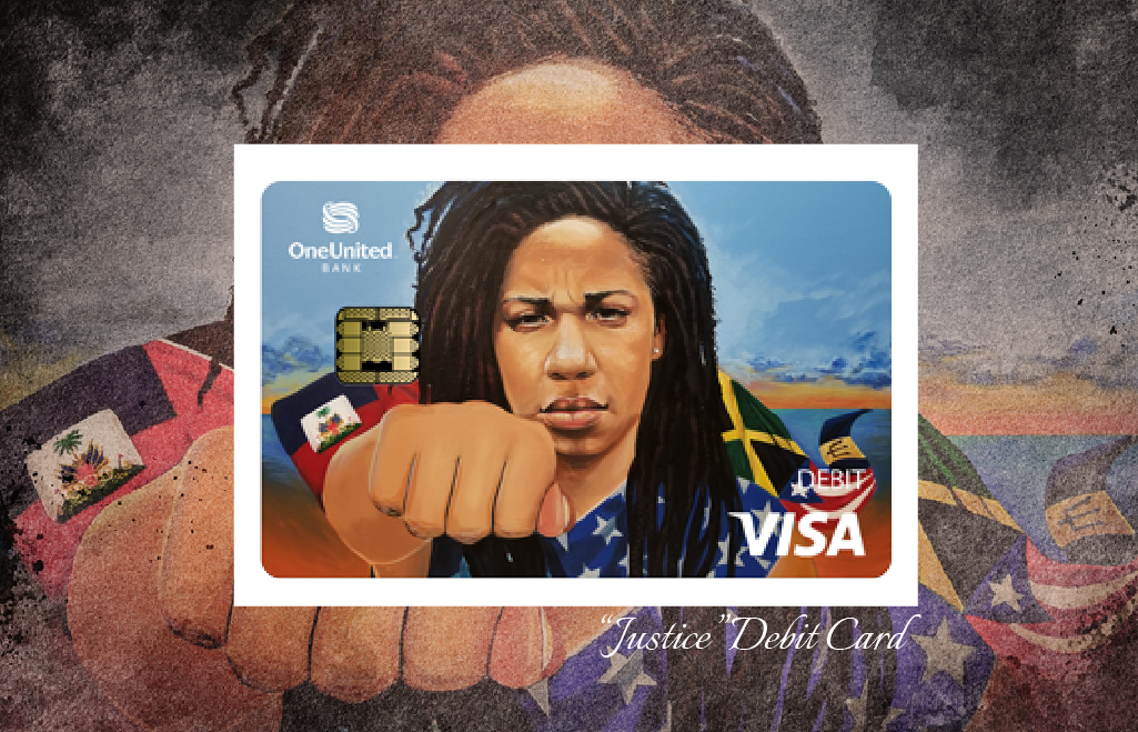 The Justice Card from OneUnited Bank features a determined individual with a clenched fist and multiple flags in the background, symbolizing strength and unity.