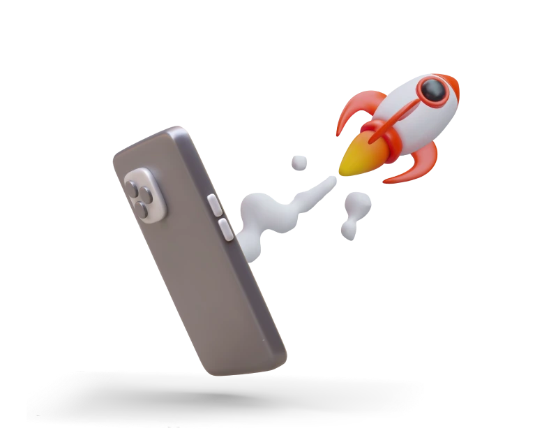 A smartphone with a rocket icon emerging from the screen, symbolizing rapid progress or innovation.