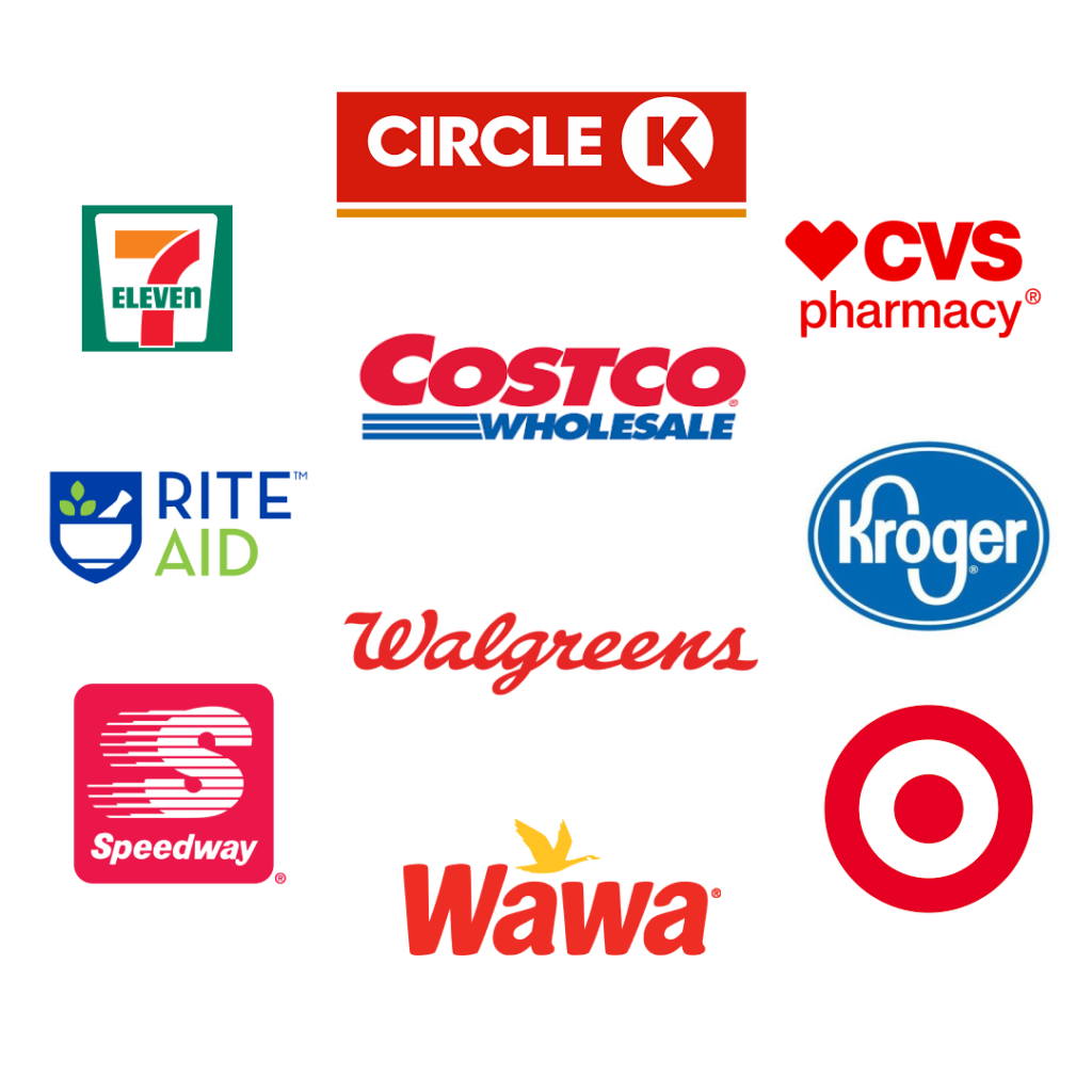 Logos of various retail and convenience store brands: 7-Eleven, Circle K, CVS Pharmacy, Costco, Kroger, Rite Aid, Walgreens, Speedway, Wawa, Target.